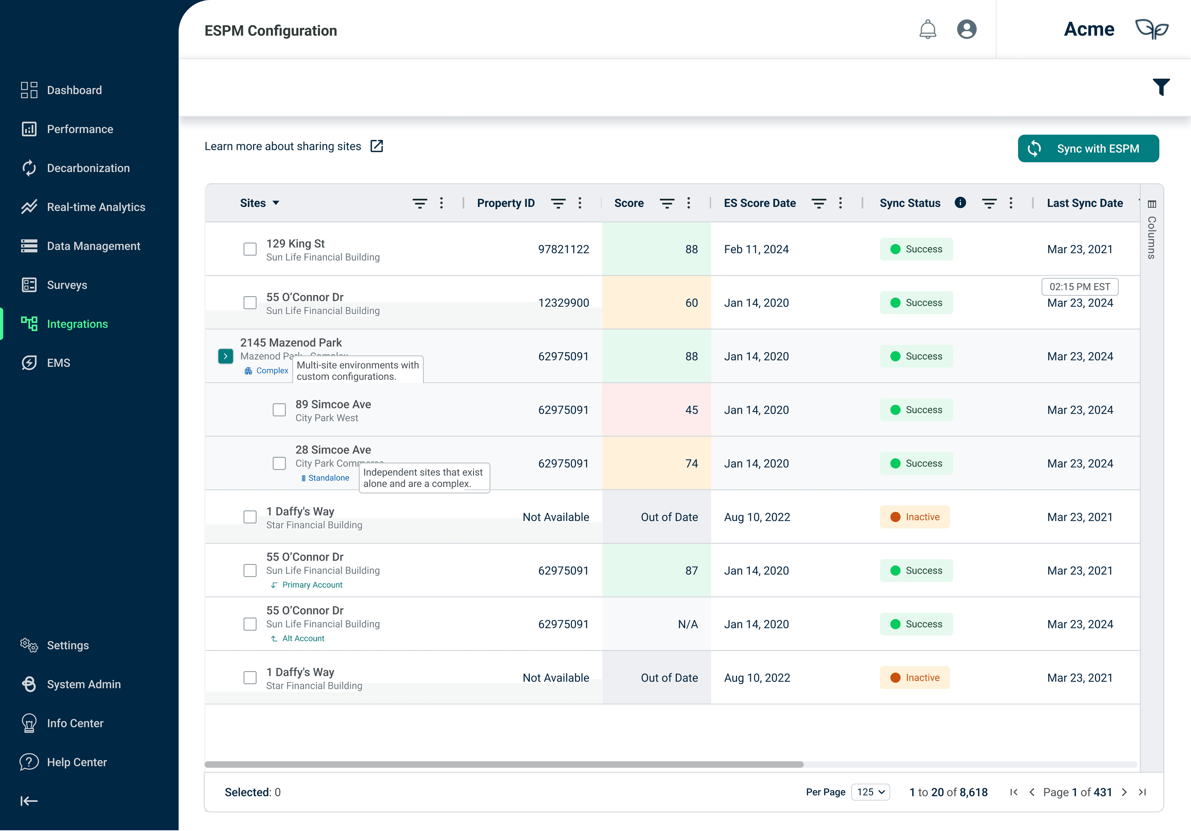 ESPM landing page from the Brightly data sync case study, shown with sample data for this NDA-safe overview