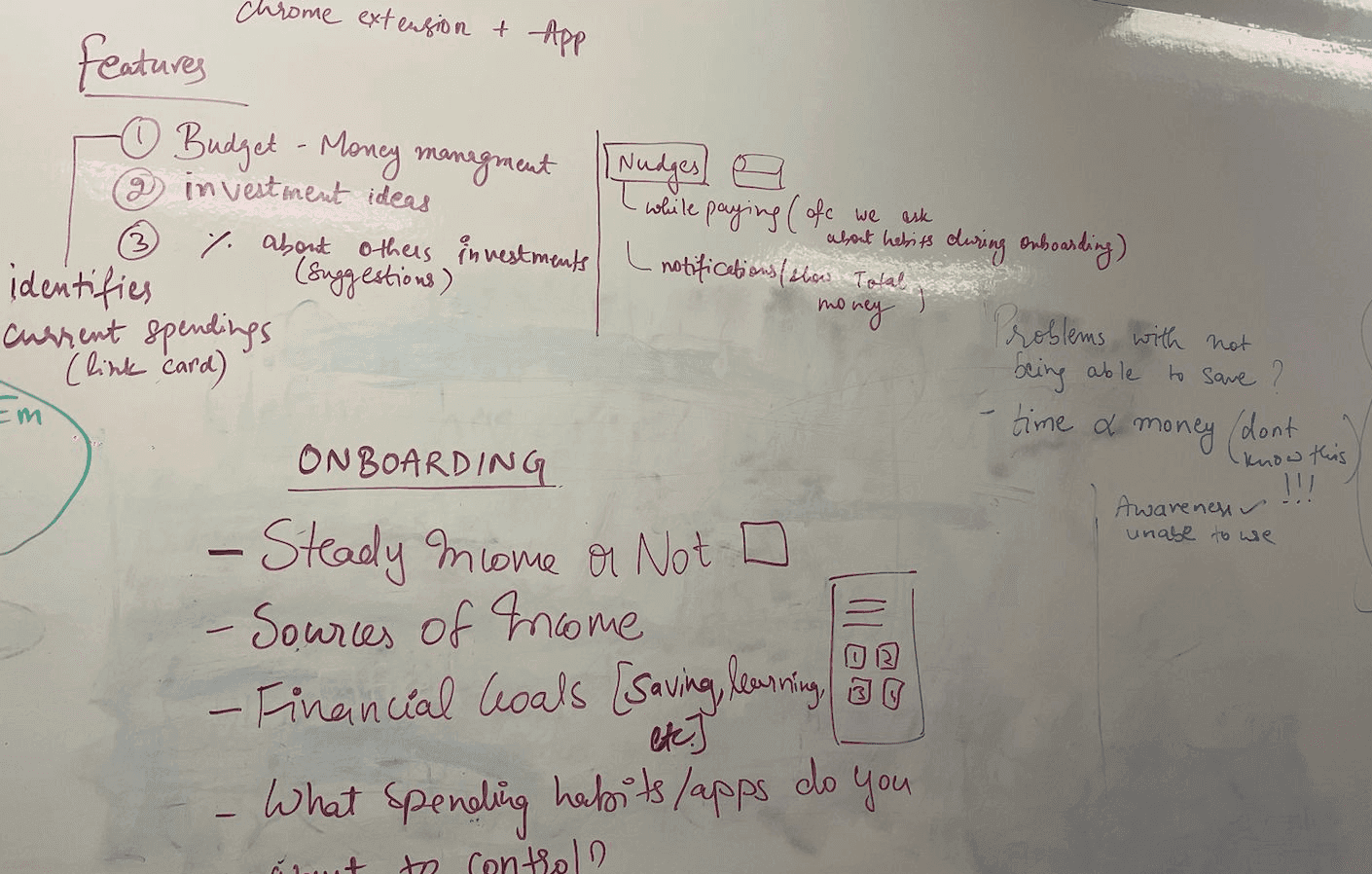 Whiteboard photo with handwritten notes on features, nudges, and onboarding questions