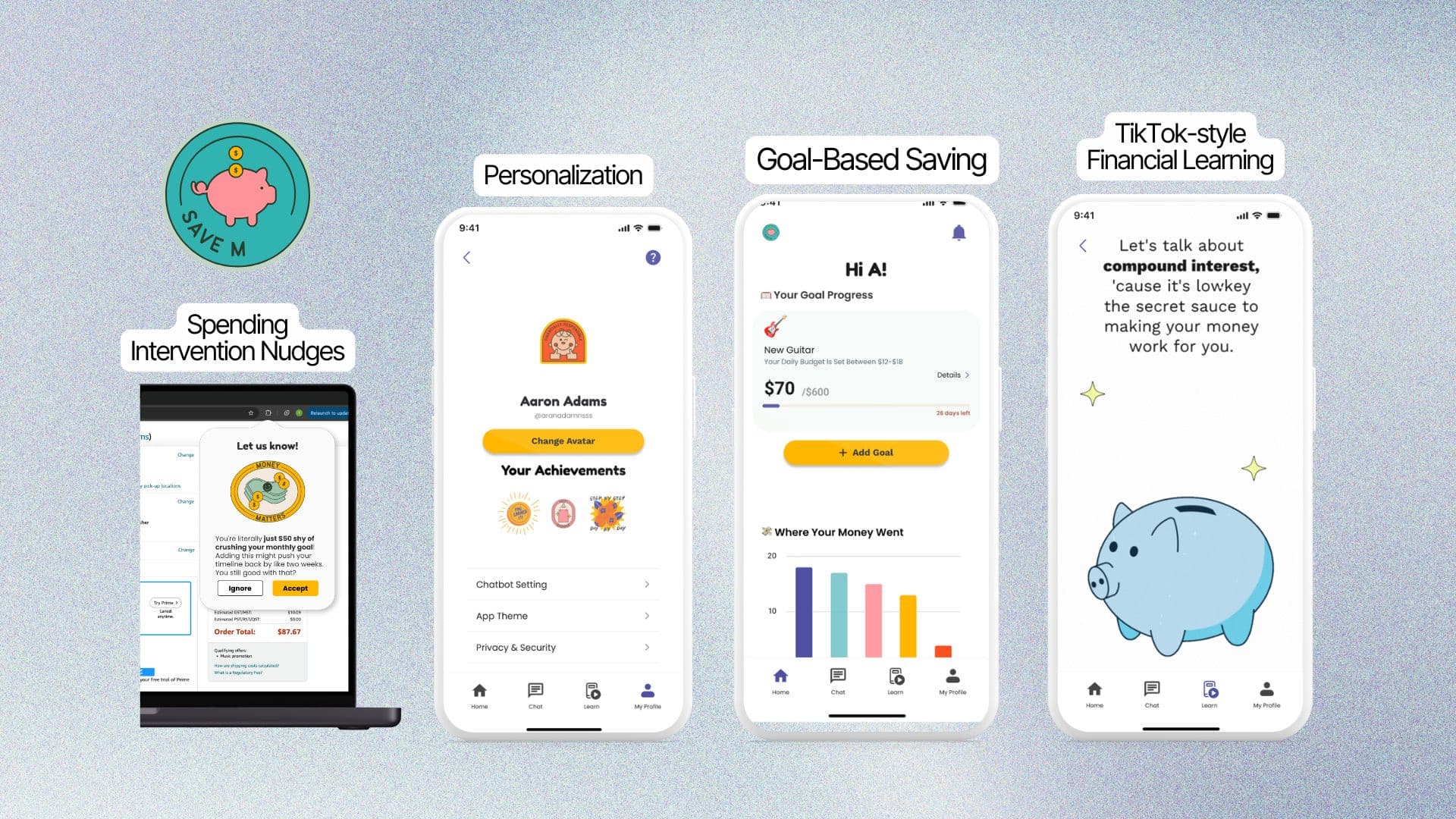 SaveM app screens showing personalization, spending intervention nudges, goal-based saving, and TikTok-style financial learning, alongside the SaveM logo