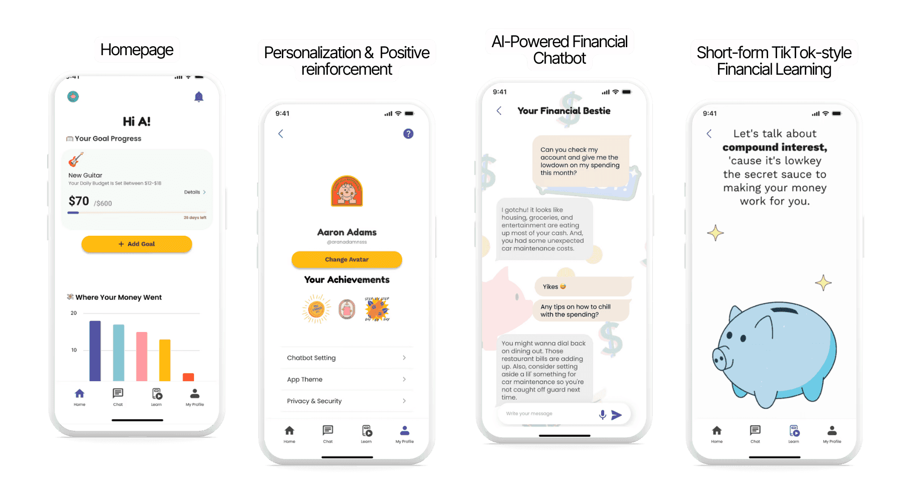 Four app screens showing the homepage, personalization and avatar settings, the Financial Bestie AI chatbot, and TikTok-style financial learning content