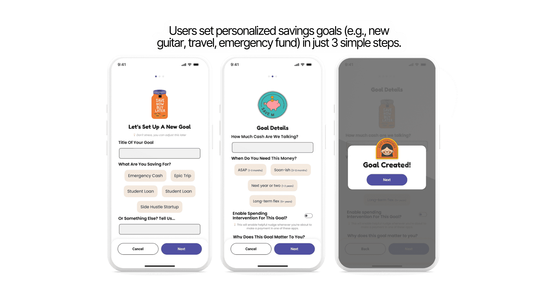 Three-step goal-setting flow: choosing a goal, entering goal details, and a confirmation screen reading Goal Created