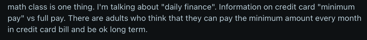 Review quote about wanting daily finance information, like credit card minimum payment versus full payment