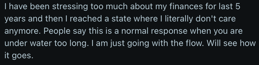 Review quote: stressing about finances for 5 years then reaching a state of not caring anymore