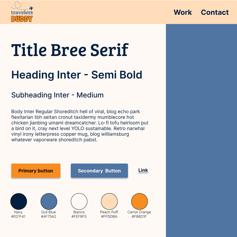TravelersBuddy brand style guide showing the Navy, Dull Blue, Bianca, Peach Puff, and Carrot Orange color palette, typography, and button styles