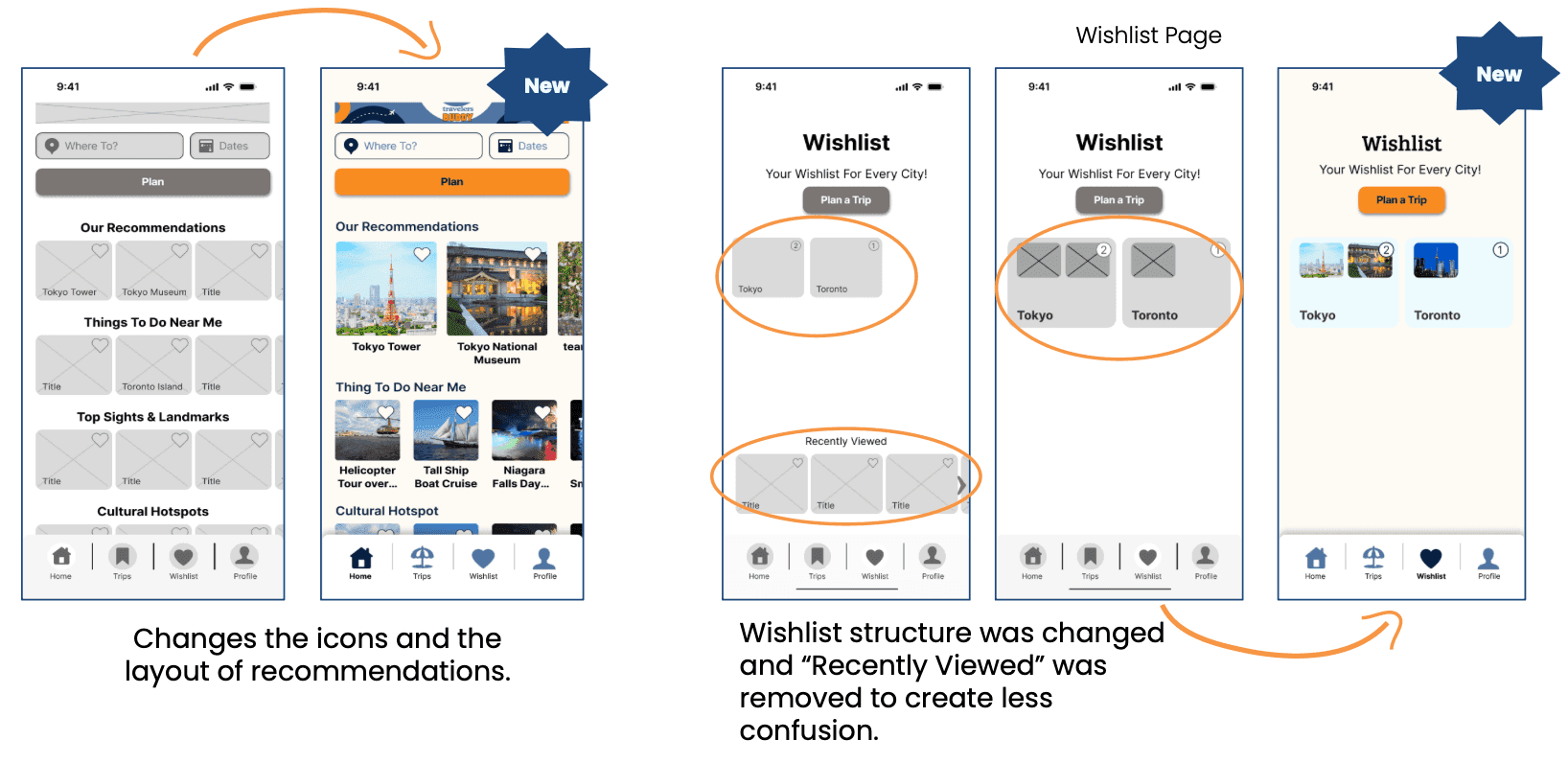Homepage and Wishlist page iterations showing updated recommendation layout, icons, and a simplified wishlist structure with Recently Viewed removed