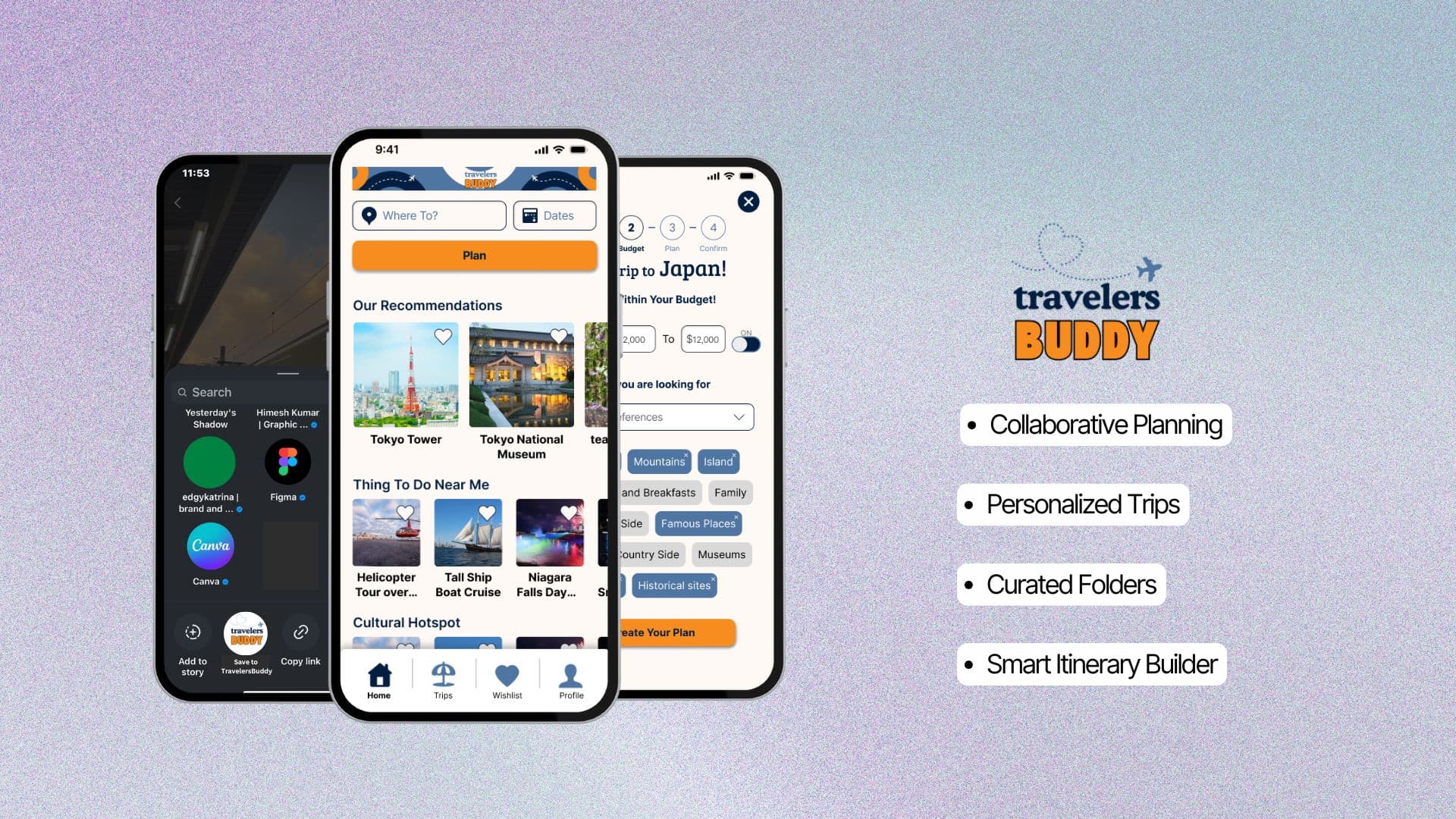 TravelersBuddy app screens showing trip planning, wishlist recommendations, and budget setup, alongside the TravelersBuddy logo