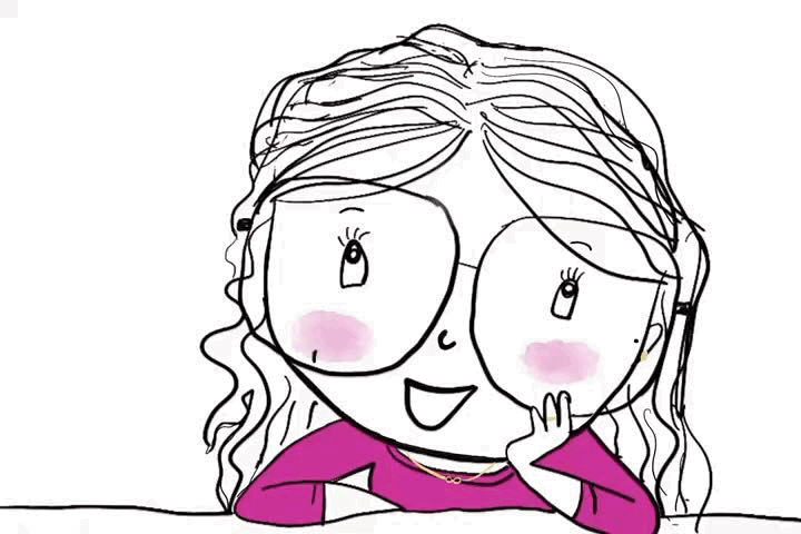 Hand-drawn Procreate doodle of Astha with glasses, pink cheeks, and a magenta shirt.