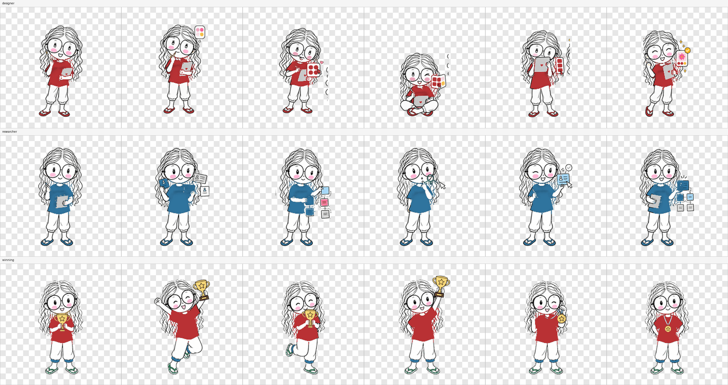 Contact sheet showing the Codex pet's researcher animation variations.