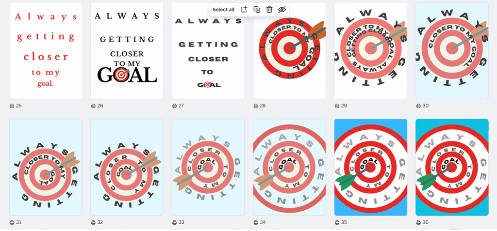 Six Word Memoir process board showing visual exploration and layout decisions.