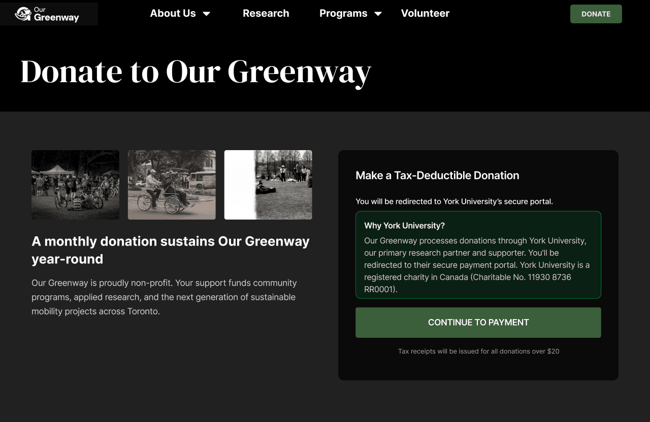 Redesigned OurGreenway donation page explaining the York University relationship before payment