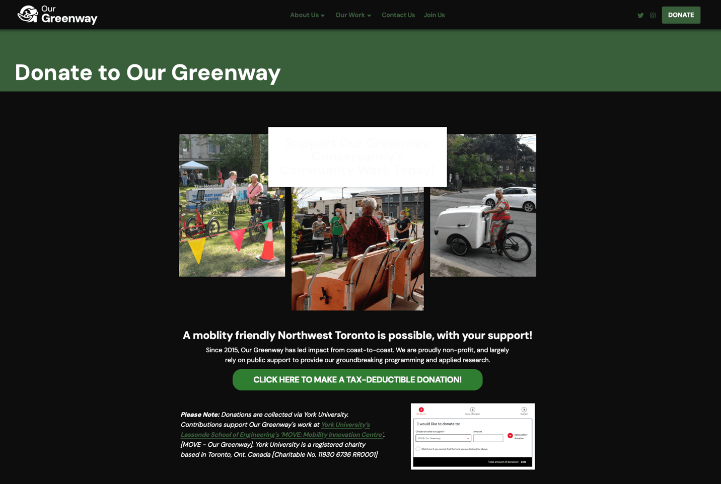 Original OurGreenway donation page with an unexplained York University payment path