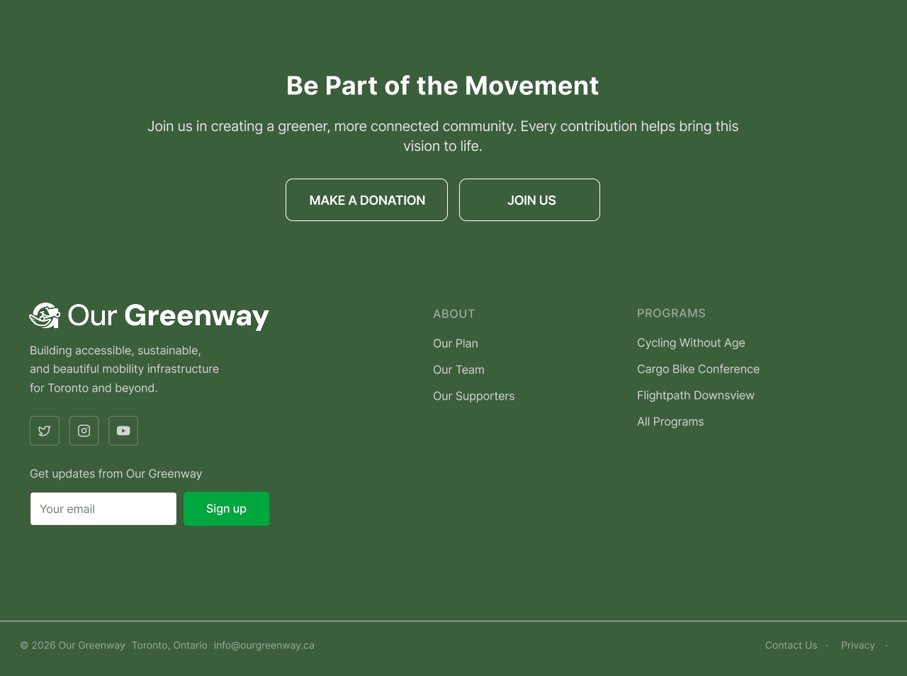 Redesigned OurGreenway footer with structured About and Programs navigation