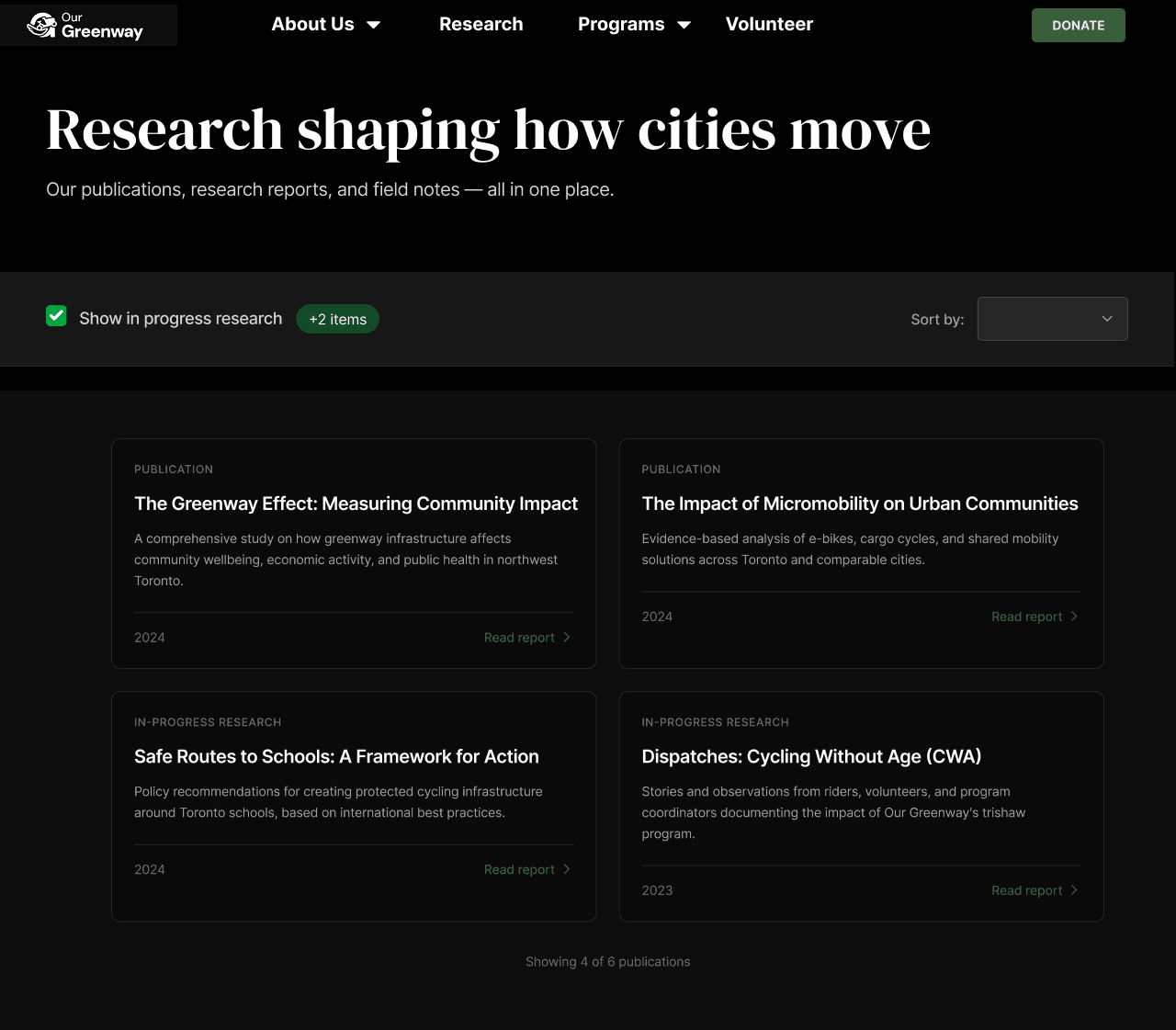 Redesigned OurGreenway research hub with publication cards and browsing controls