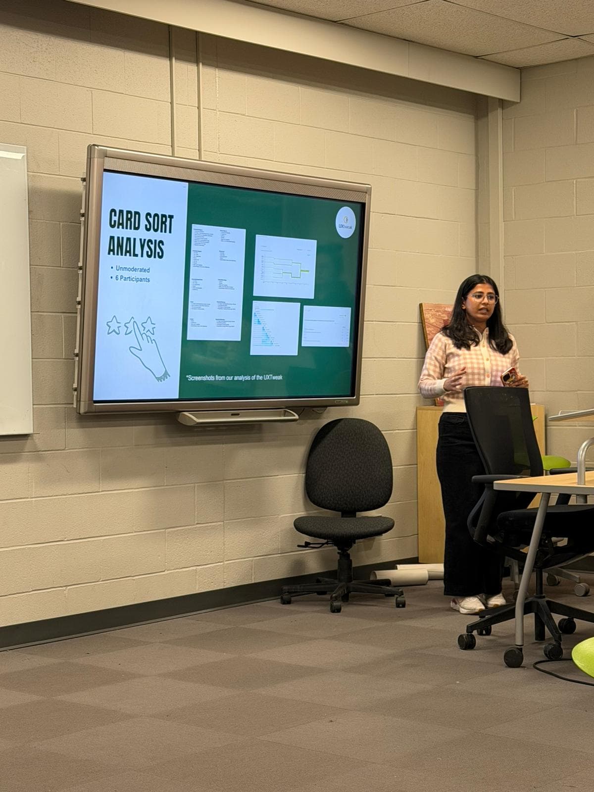 Astha presenting OurGreenway card sort analysis in a classroom