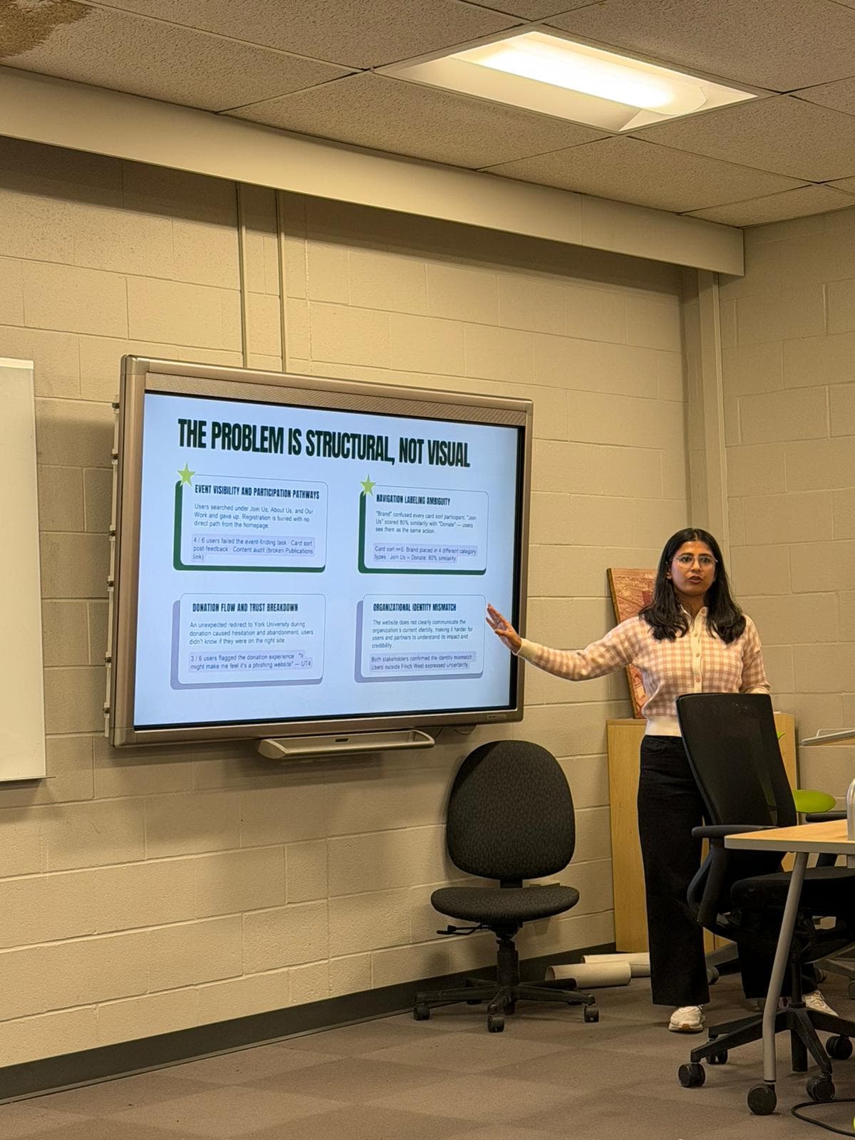 Astha presenting OurGreenway structural problem findings in a classroom